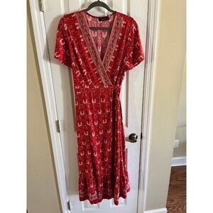Red Patterned Wrap Dress
